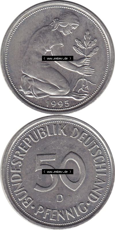 1950-2001, 50 Pfennig BRD Deutschland 1995 München mit Mzz. D Sammlung