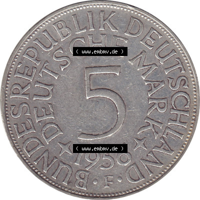 1951-1974, 5 DM aus Deutschland, 5 Deutsche Mark Silberadler, Heiermann 1956 Münzzeichen / Mzz. "F" für Stuttgart Sammlung
