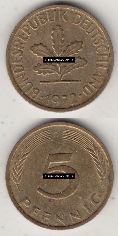 BRD Münzen 5 Pf., Umlaufmünze 1950-2001, 5 Pfennig, 1972 D-1. Vorderseite und Rückseite vertikal untereinander zusammen auf... Sammlung