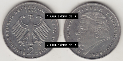 BRD Münzen 2 DM, Gedenkmünze 1990-2001, 2 DM, Deutsche Mark Franz Josef Strauß 1990 G-1. VS-RS auf einen Bild / Foto einer... Sammlung