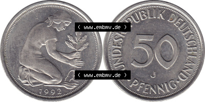 1950-2001, 50 Pfennig BRD Deutschland 1992 Mzz. Hamburg J Sammlung