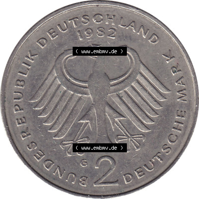 1979-1993, 2 DM, Deutsche Mark Kurt Schumacher Deutschland 1982 G Sammlung