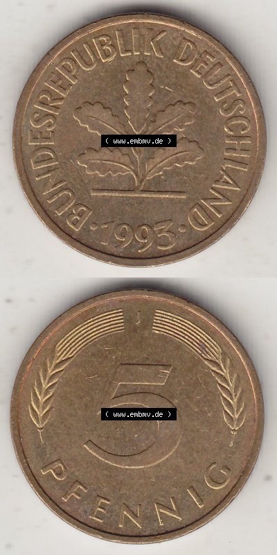 BRD Münzen 5 Pf., Umlaufmünze 1950-2001, 5 Pfennig, 1993 J-1. Vorderseite und Rückseite vertikal untereinander zusammen auf... Sammlung