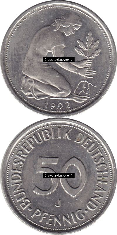 1950-2001, 50 Pfennig BRD Deutschland 1992 Mzz. Hamburg J Sammlung