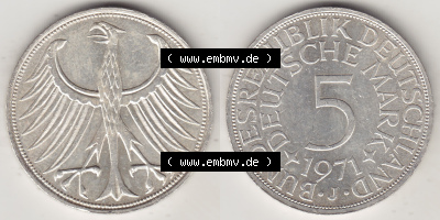 BRD Münzen Silbermünze 1951-1974, 5 DM, 5 Deutsche Mark Silberadler, Heiermann 1971 Münzzeichen / Mzz. "J" für Hamburg - 1.... Sammlung