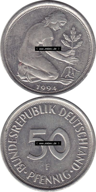 1950-2001, 50 Pfennig BRD Deutschland 1994 Stuttgart Mzz. F Sammlung