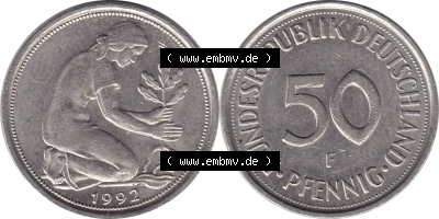 1950-2001, 50 Pfennig BRD Deutschland 1992 Stuttgart Mzz. F Sammlung
