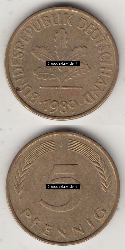 BRD Münzen 5 Pf., Umlaufmünze 1950-2001, 5 Pfennig, 1989 J-1. Vorderseite und Rückseite vertikal untereinander zusammen auf... Sammlung