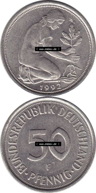 1950-2001, 50 Pfennig BRD Deutschland 1992 Stuttgart Mzz. F Sammlung