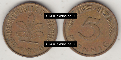 BRD Münzen 5 Pf., Umlaufmünze 1950-2001, 5 Pfennig, 1982 F-1. Vorderseite und Rückseite zusammen auf einen Bild / Foto für... Sammlung