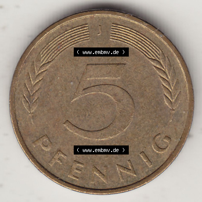 BRD Münzen 5 Pf., Umlaufmünze 1950-2001, 5 Pfennig, 1989 J-1. Rückseite einer 5 Pfennig J, Mzz. J für Hamburg - Münze aus... Sammlung