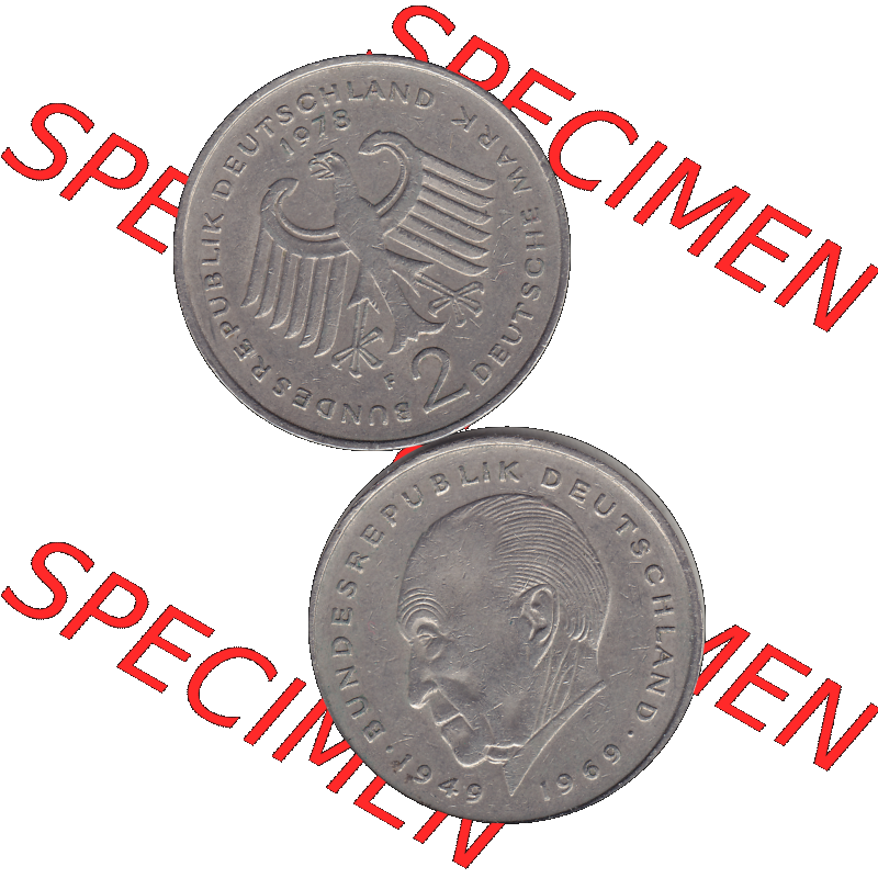 BRD Münzen 2 DM, Gedenkmünze in PNG 1969-1987, 2 DM, Deutsche Mark Konrad Adenauer 1978 Münzzeichen Mzz Stuttgart F-1. Vorderseite und Rückseite mit Deutschen... Sammlung