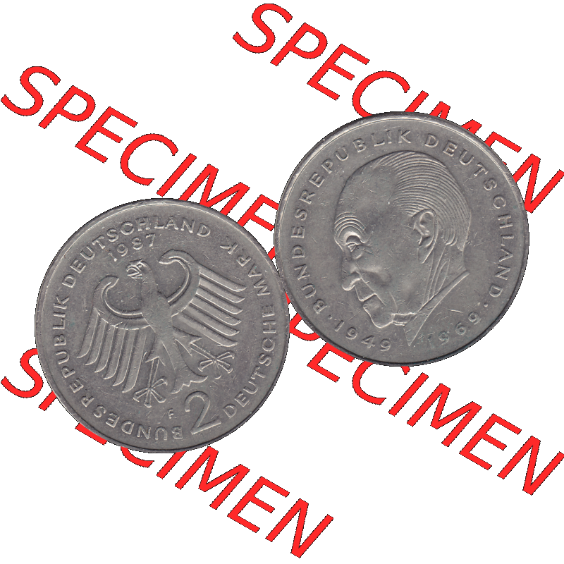 BRD Münzen 2 DM, Gedenkmünze in PNG 1969-1987, 2 DM, Deutsche Mark Konrad Adenauer 1987 Münzzeichen Mzz Stuttgart F-1. Vorderseite und Rückseite mit Deutschen... Sammlung