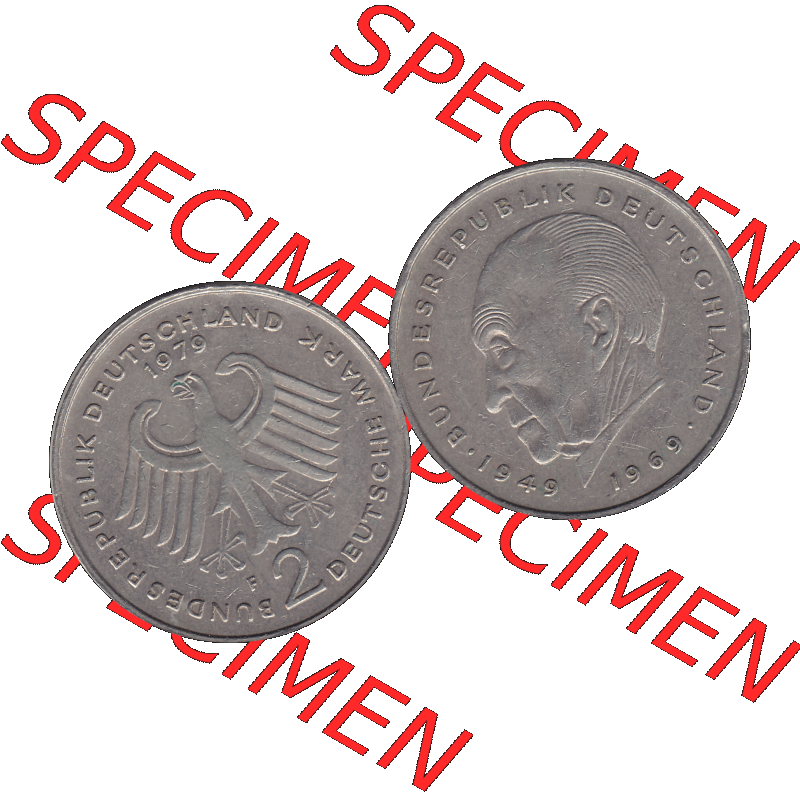 BRD Münzen 2 DM, Gedenkmünze in PNG 1969-1987, 2 DM, Deutsche Mark Konrad Adenauer 1979 Münzzeichen Mzz Stuttgart F-1. Vorderseite und Rückseite mit Deutschen... Sammlung