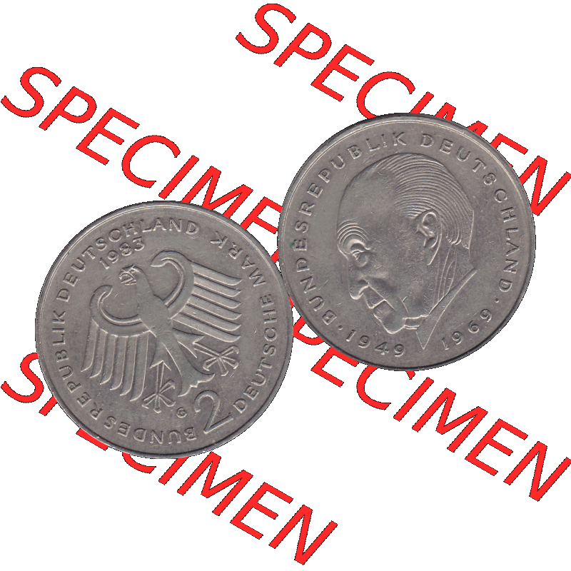 BRD Münzen 2 DM, Gedenkmünze 1969-1987, 2 DM, Deutsche Mark Konrad Adenauer 1983 G-1. Vorderseite und Rückseite mit Deutschen Adler und Wert-Zahl auf einen digitalen... Sammlung