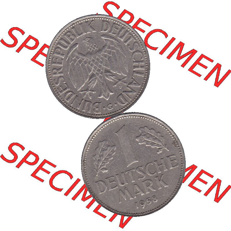 BRD Münzen 1 DM, Umlaufmünze 1950-2001, 1 / Eine DM - Eine Deutsche Mark, 1958 G-1. transparente PNG-Grafik der Münzen-Rückseite und Münzen-Vorderseite... Sammlung