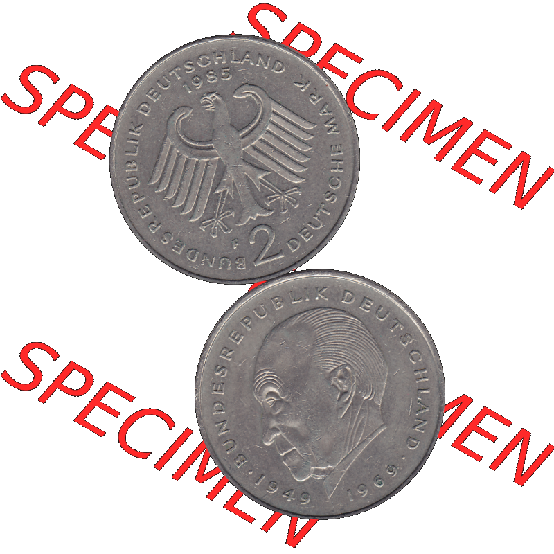 BRD Münzen 2 DM, Gedenkmünze in PNG 1969-1987, 2 DM, Deutsche Mark Konrad Adenauer 1985 Münzzeichen Mzz Stuttgart F-1. Vorderseite und Rückseite mit Deutschen... Sammlung