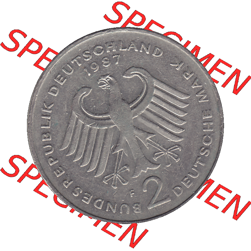 BRD Münzen 2 DM, Gedenkmünze in PNG 1969-1987, 2 DM, Deutsche Mark Konrad Adenauer 1987 Münzzeichen Mzz Stuttgart F-1. Vorderseite mit Deutschen Adler von 2 DM Gedenkmünze... Sammlung