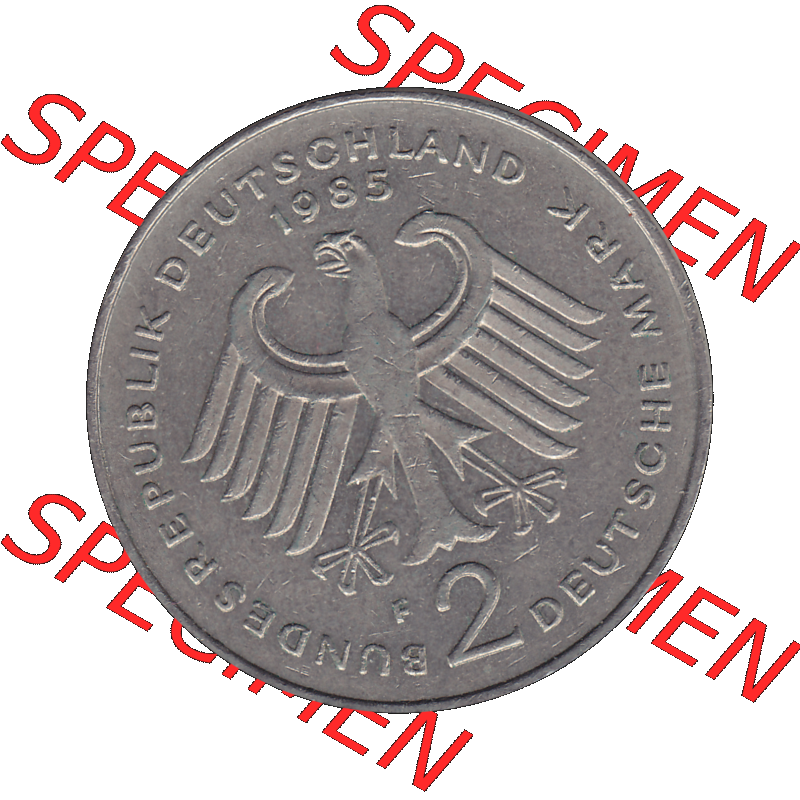 BRD Münzen 2 DM, Gedenkmünze in PNG 1969-1987, 2 DM, Deutsche Mark Konrad Adenauer 1985 Münzzeichen Mzz Stuttgart F-1. Vorderseite mit Deutschen Adler von 2 DM Gedenkmünze... Sammlung