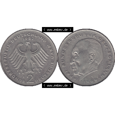 BRD Münzen 2 DM, Gedenkmünze in PNG 1969-1987, 2 DM, Deutsche Mark Konrad Adenauer 1987 Münzzeichen Mzz Stuttgart F-1. Vorderseite und Rückseite mit Deutschen... Sammlung
