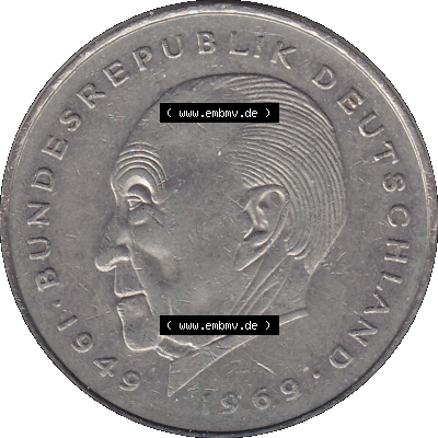 BRD Münzen 2 DM, Gedenkmünze in PNG 1969-1987, 2 DM, Deutsche Mark Konrad Adenauer 1987 Münzzeichen Mzz Stuttgart F-1. Rückseite mit Wert-Zahl von 2 Deutsche... Sammlung