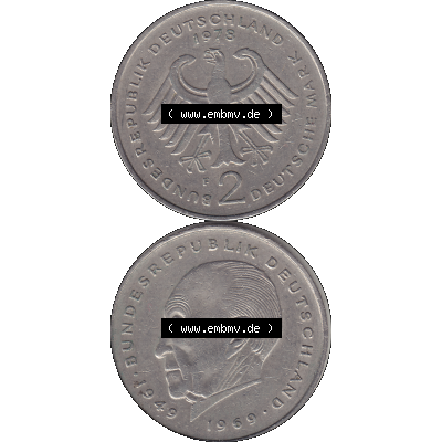 BRD Münzen 2 DM, Gedenkmünze in PNG 1969-1987, 2 DM, Deutsche Mark Konrad Adenauer 1978 Münzzeichen Mzz Stuttgart F-1. Vorderseite und Rückseite mit Deutschen... Sammlung
