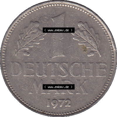 BRD Münzen 1 DM, Umlaufmünze 1950-2001, 1 / Eine DM - Eine Deutsche Mark, 1972 G-1. Münzen-Rückseite als transparente PNG-Grafik mit Nennwert / Nominalwert... Sammlung