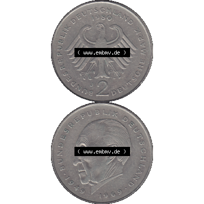 BRD Münzen 2 DM, Gedenkmünze in PNG 1969-1987, 2 DM, Deutsche Mark Konrad Adenauer 1980 J-1. Vorderseite und Rückseite mit Deutschen Adler und Wert-Zahl auf einen... Sammlung