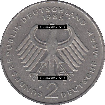 BRD Münzen 2 DM, Gedenkmünze in PNG 1969-1987, 2 DM, Deutsche Mark Konrad Adenauer 1985 Münzzeichen Mzz Stuttgart F-1. Vorderseite mit Deutschen Adler von 2 DM Gedenkmünze... Sammlung