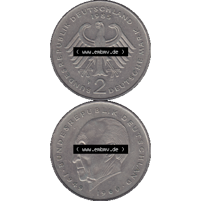 BRD Münzen 2 DM, Gedenkmünze in PNG 1969-1987, 2 DM, Deutsche Mark Konrad Adenauer 1985 Münzzeichen Mzz Stuttgart F-1. Vorderseite und Rückseite mit Deutschen... Sammlung