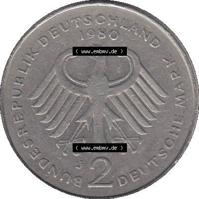 BRD Münzen 2 DM, Gedenkmünze in PNG 1969-1987, 2 DM, Deutsche Mark Konrad Adenauer 1980 J-1. Vorderseite mit Deutschen Adler von 2 DM Gedenkmünze Konrad Adenauer... Sammlung