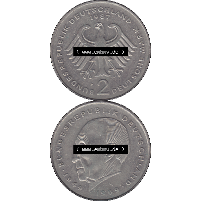 BRD Münzen 2 DM, Gedenkmünze in PNG 1969-1987, 2 DM, Deutsche Mark Konrad Adenauer 1987 Münzzeichen Mzz Stuttgart F-1. Vorderseite und Rückseite mit Deutschen... Sammlung