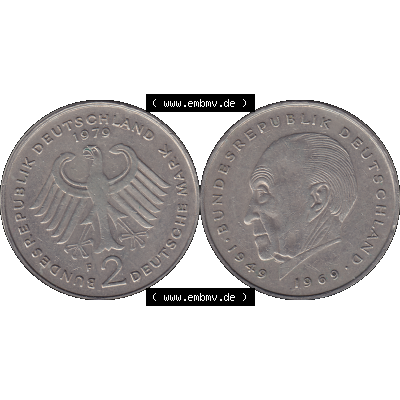 BRD Münzen 2 DM, Gedenkmünze in PNG 1969-1987, 2 DM, Deutsche Mark Konrad Adenauer 1979 Münzzeichen Mzz Stuttgart F-1. Vorderseite und Rückseite mit Deutschen... Sammlung