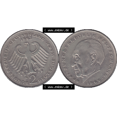 BRD Münzen 2 DM, Gedenkmünze 1969-1987, 2 DM, Deutsche Mark Konrad Adenauer 1983 G-1. Vorderseite und Rückseite mit Deutschen Adler und Wert-Zahl auf einen digitalen... Sammlung