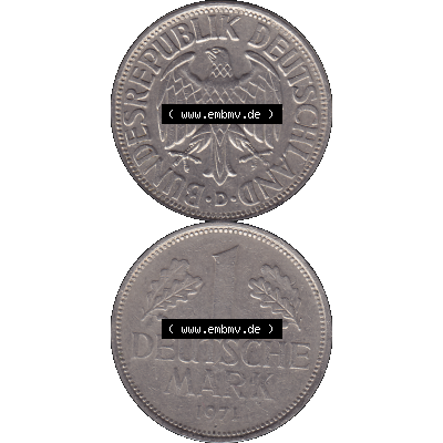 BRD Münzen 1 DM, Umlaufmünze 1950-2001, 1 / Eine DM - Eine Deutsche Mark, 1971 D-1. Münzen-Rückseite und Münzen-Vorderseite vertikal untereinander... Sammlung
