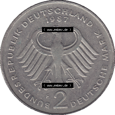 BRD Münzen 2 DM, Gedenkmünze in PNG 1969-1987, 2 DM, Deutsche Mark Konrad Adenauer 1987 Münzzeichen Mzz Stuttgart F-1. Vorderseite mit Deutschen Adler von 2 DM Gedenkmünze... Sammlung