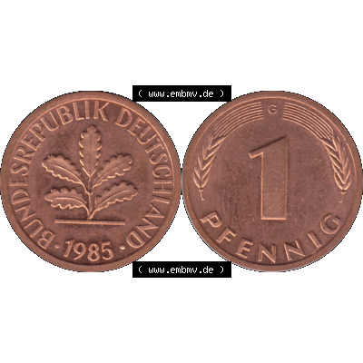 BRD Münzen 1 Pfennig Umlaufmünze in Farbigen PNG 1950-2001, 1 Pfennig 1985, 1980er Jahre Karlsruhe G-01. 1 Pfennig Münze der BRD-Jahre. Vorderseite und Rückseite... Sammlung