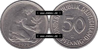BRD Münzen 50 Pf. Umlaufmünze in PNG 1950-2001, 50 Pfennig 1979, 1970er Jahre Münzzeichen für Karlsruhe G-01. PNG Computer-Grafik... Sammlung