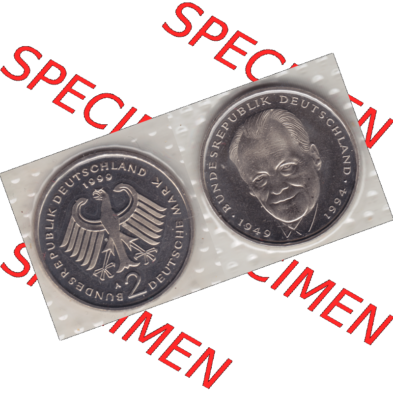 Münze der BRD-Deutschland 1999 Mzz. A für Berlin, Zwei 2 Deutsche Mark Willy Brandt aus KMS VS+RS horizontal Farbe. Mark-Münze aus dem Jahrgang 1999 Deutschland... Sammlung