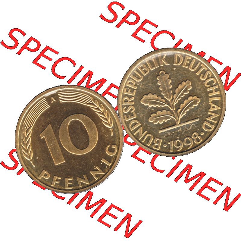 Münze der BRD-Deutschland 1998, Mzz. A für Berlin, 10 Pfennig Transparent RS+VS horizontal Farbe. Farbige und Transparentes PNG-Bild der Deutschen Mark - Pfennig-Münze... Sammlung