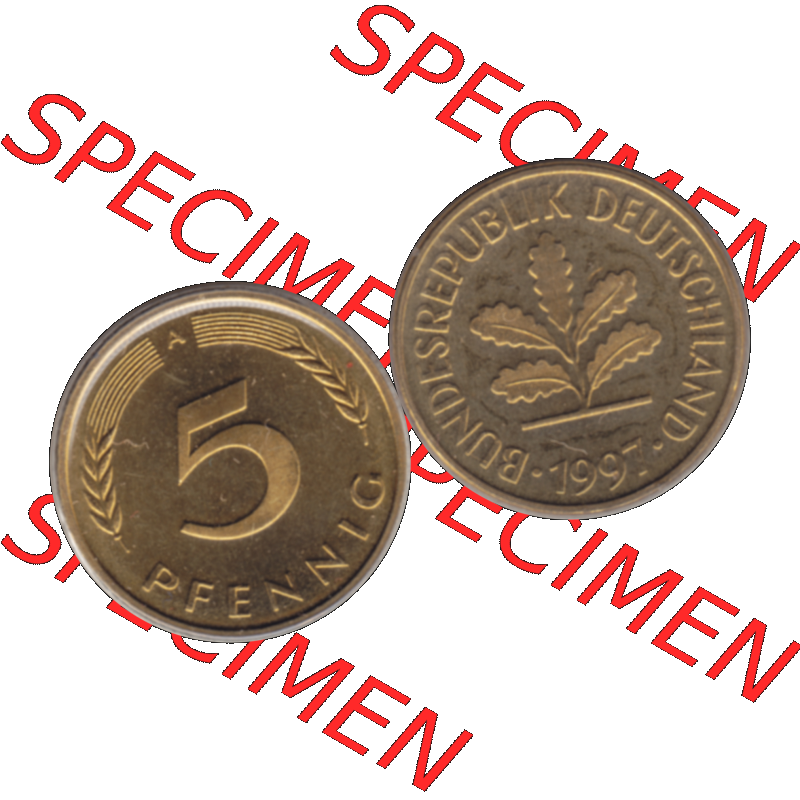 Münze der BRD-Deutschland 1997 Mzz. A für Berlin, 5 Deutscher Pfennig transparent RS+VS horizontal Farbe. Farbiges transparente PNG-Bild der Deutschen Pfennig Münze... Sammlung