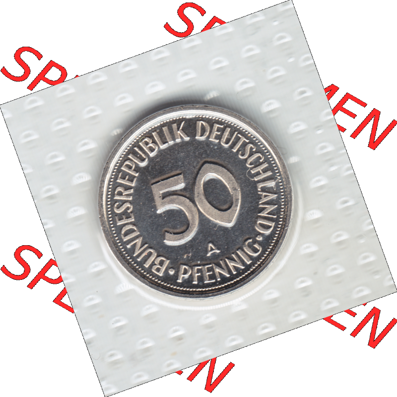Münze der BRD-Deutschland 1998, Mzz. A für Berlin, 50 Pfennig Rückseite.Farbiges PNG-Bild der Deutschen Pfennig Münze vom Jahrgang 1998, aus Noppenfolie... Sammlung