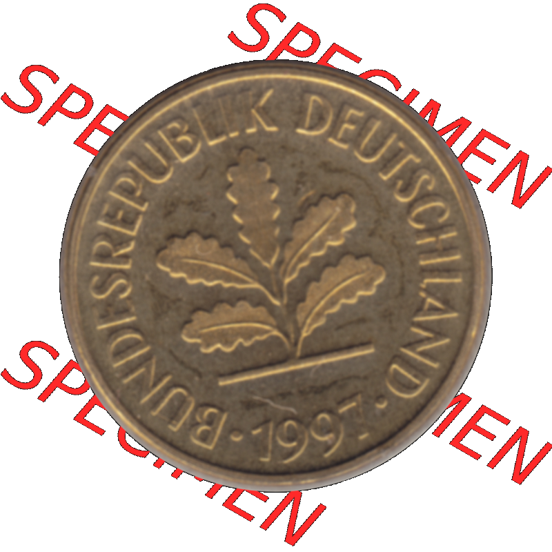Münze der BRD-Deutschland 1997 Mzz. A für Berlin, 5 Deutscher Pfennig transparent Vorderseite. Farbiges transparente PNG-Bild der Deutschen Pfennig Münze vom Jahrgang... Sammlung