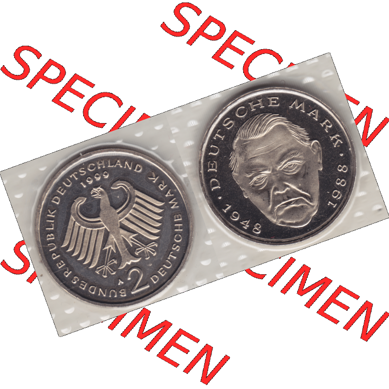 Münze der BRD-Deutschland 1999 Mzz. A für Berlin, Zwei 2 Deutsche Mark Ludwig Erhard aus KMS VS+RS horizontal Farbe. Mark-Münze aus dem Jahrgang 1999 Deutschland... Sammlung