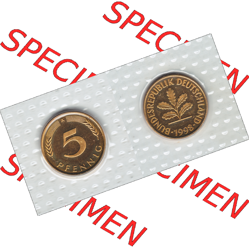 Münze der BRD-Deutschland 1998, Mzz. A für Berlin, 5 Pfennig RS+VS horizontal Farbe.Farbiges PNG-Bild der Deutschen Pfennig Münze vom Jahrgang 1998,... Sammlung