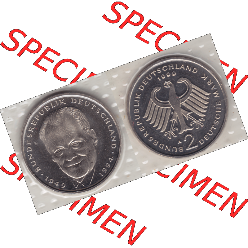 Münze der BRD-Deutschland 1999 Mzz. A für Berlin, Zwei 2 Deutsche Mark Willy Brandt aus KMS RS+VS horizontal Farbe. Mark-Münze aus dem Jahrgang 1999 Deutschland... Sammlung