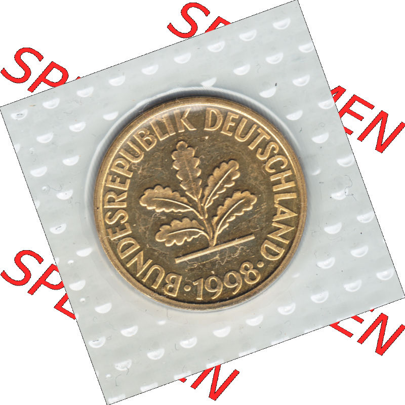 Münze der BRD-Deutschland 1998, Mzz. A für Berlin, 10 Pfennig Vorderseite.Farbiges PNG-Bild der Deutschen Pfennig Münze vom Jahrgang 1998, aus Noppenfolie... Sammlung
