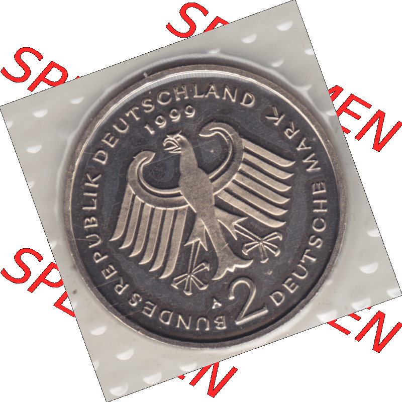 Münze der BRD-Deutschland 1999 Mzz. A für Berlin, Zwei 2 Deutsche Mark Ludwig Erhard aus KMS Vorderseite. Mark-Münze aus dem Jahrgang 1999 Deutschland der BRD-Bundesrepublik... Sammlung