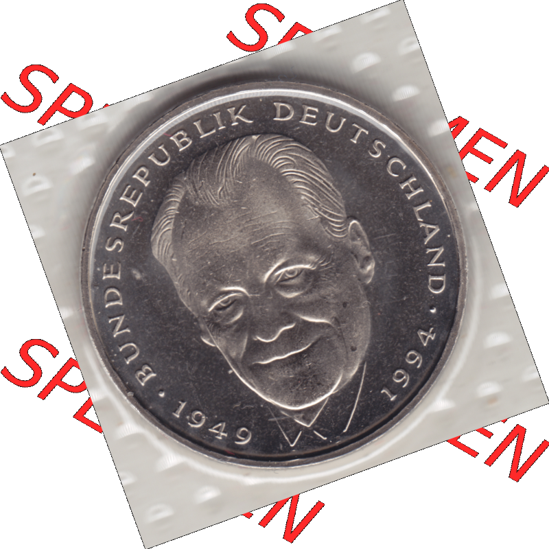 Münze der BRD-Deutschland 1999 Mzz. A für Berlin, Zwei 2 Deutsche Mark Willy Brandt aus KMS Rückseite. Mark-Münze aus dem Jahrgang 1999 Deutschland der BRD-Bundesrepublik... Sammlung