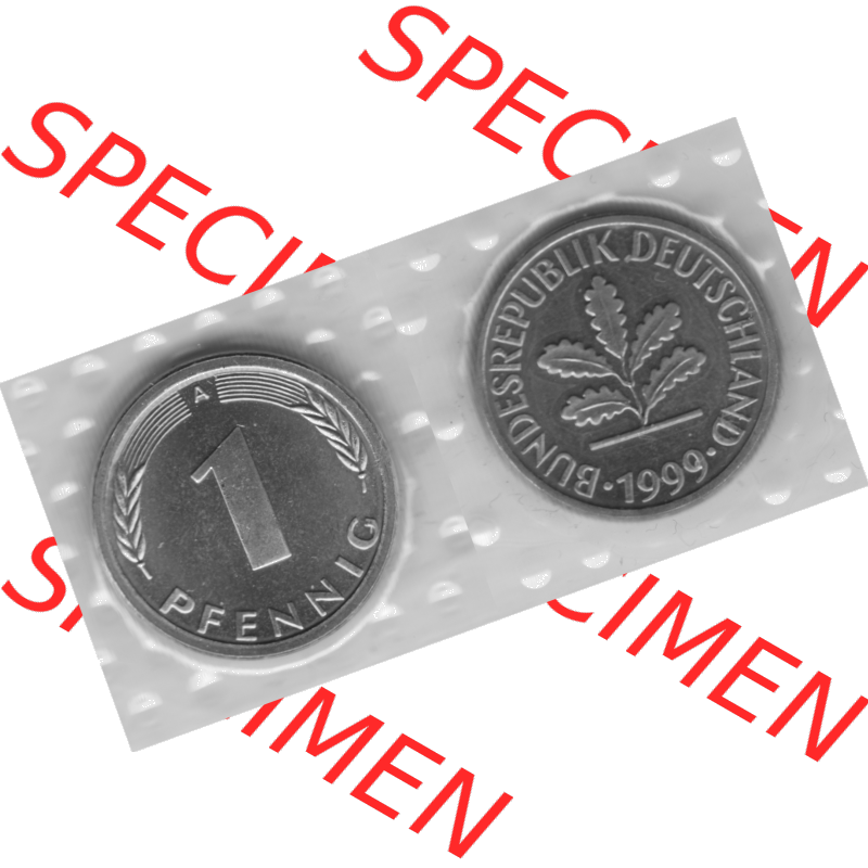 Münze der BRD-Deutschland 1999 Mzz. A für Berlin, Ein 1 Pfennig aus KMS RS+VS horizontal Graustufen. Graues PNG-Bild der Deutschen Pfennig Münze vom Jahrgang 1999.... Sammlung